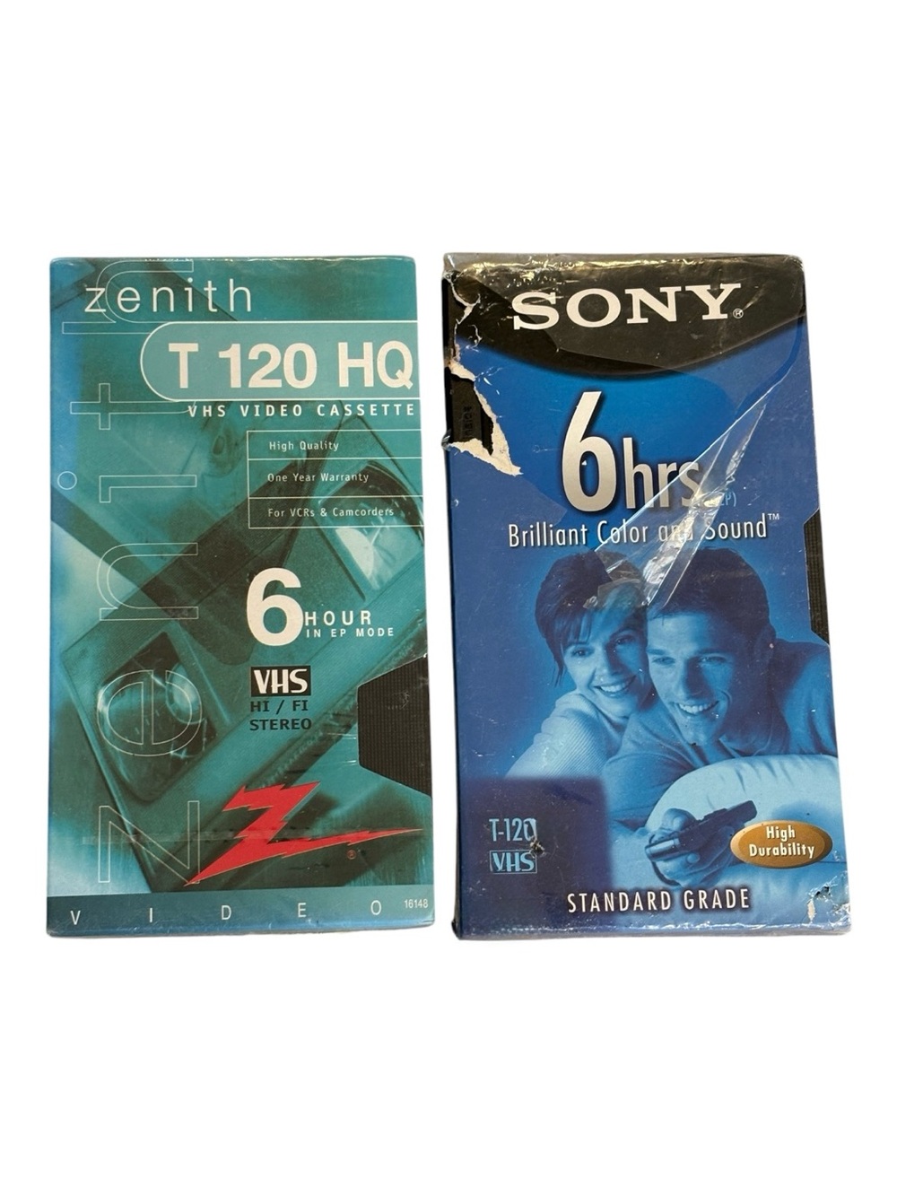 two vintage blank T-120 VHS video cassette tapes made by Zenith and Sony